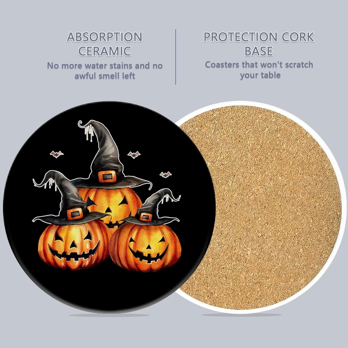 Coaster for Drinks Set of 6, Halloween Skeleton Skull Pumpkin Absorbing Round Ceramic Stone Coaster with Cork Base,Tabletop Protection Mat for Mugs and Cups,Coffee Table Wine Glass Home Bar 4 Inch