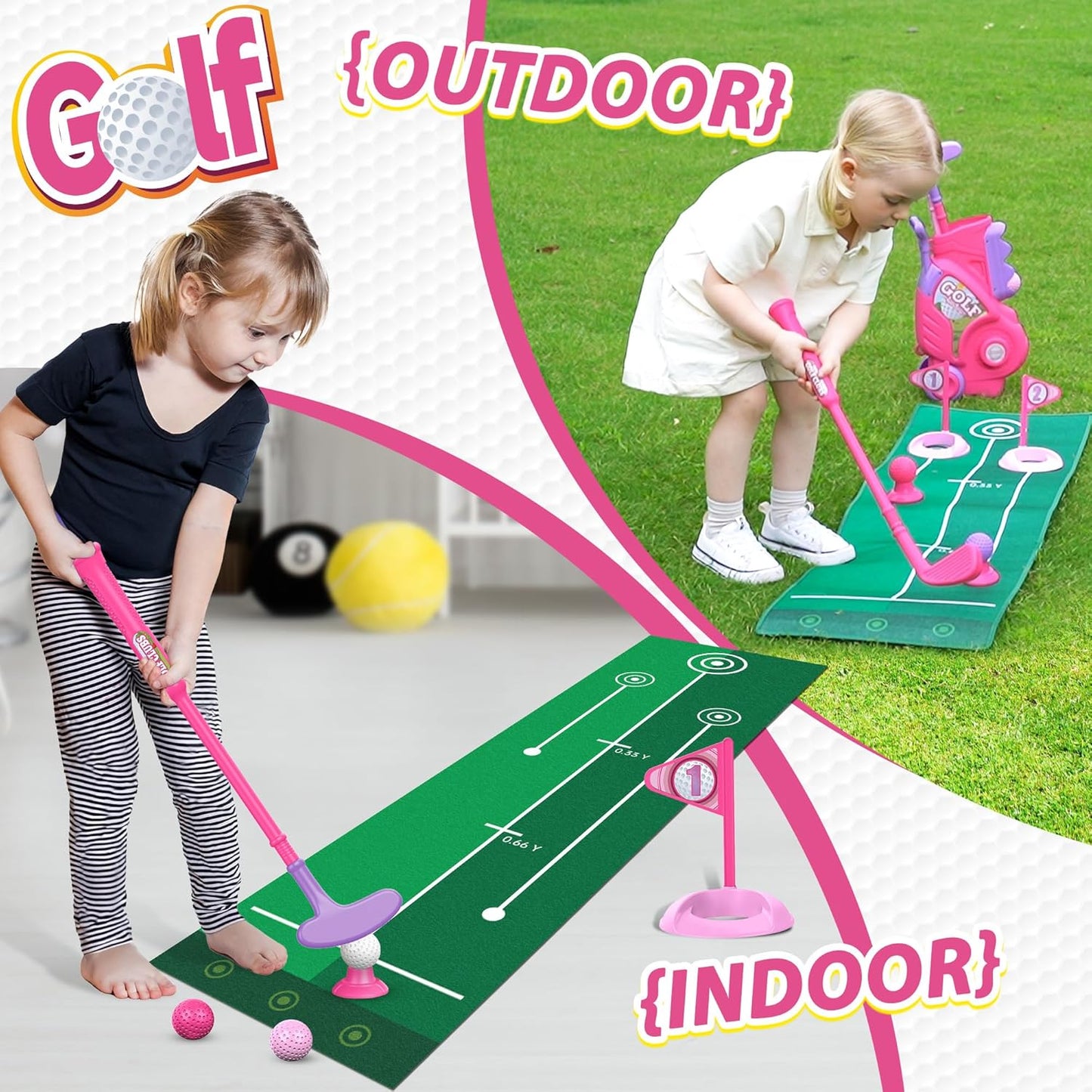 Liberry Toddler Golf Set for 2 3 4 Years Old Girls Boys, Upgraded Kids Golf Cart with Golf Cornhole Board & Putting Mat, Indoor and Outdoor Golf Toys Birthday, Pink