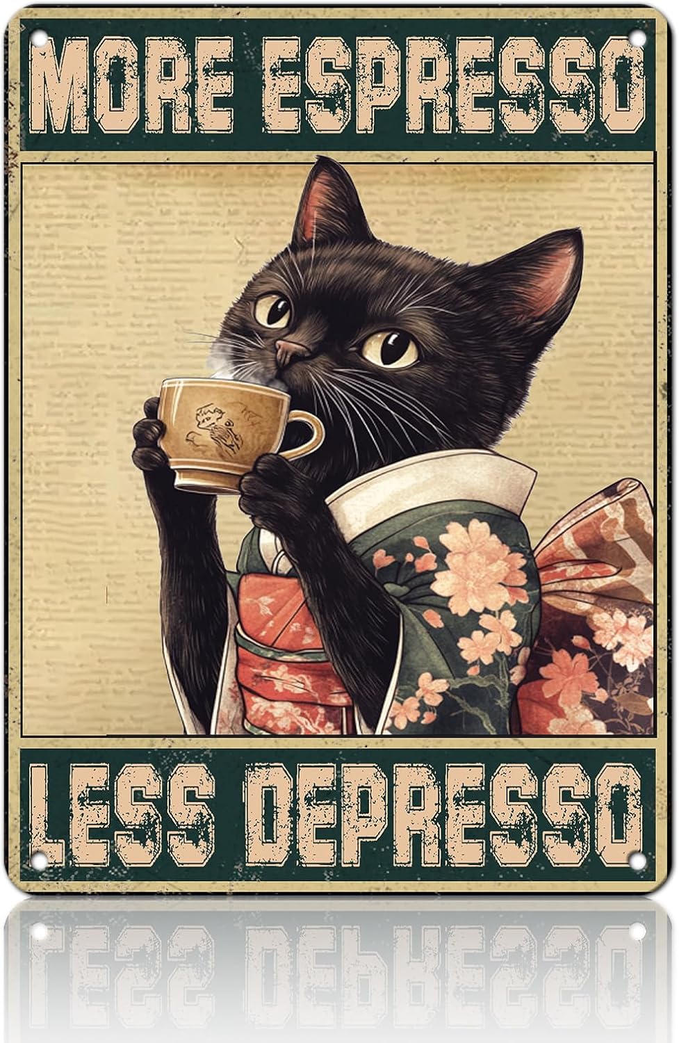 Coffee Cat Metal Posters More Espresso Less Depresso Metal Tin Sign Kimono Cat Bar Pub Sign Poster Home Decor Garage Bar Restaurant Kitchen Cafe Poster 12x16 Inch