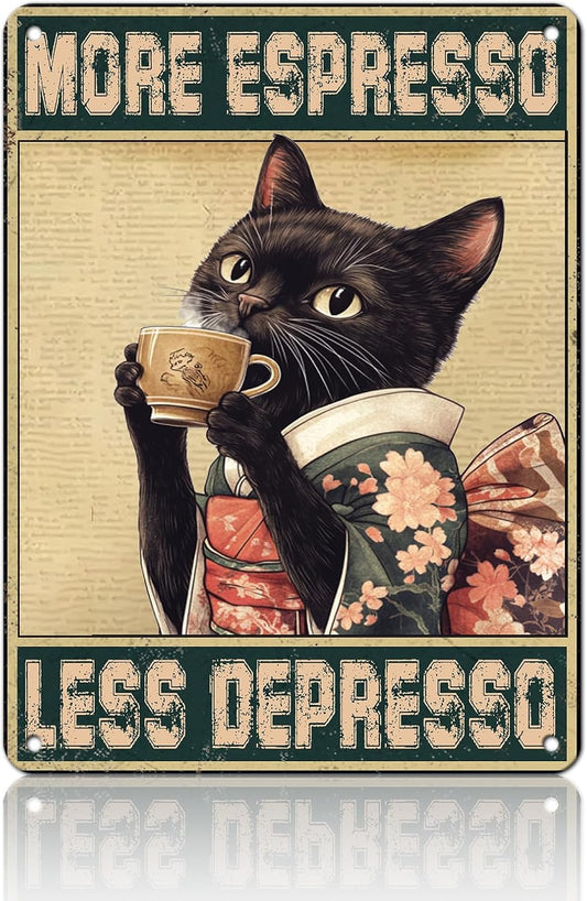 Coffee Cat Metal Posters More Espresso Less Depresso Metal Tin Sign Kimono Cat Bar Pub Sign Poster Home Decor Garage Bar Restaurant Kitchen Cafe Poster 12x16 Inch