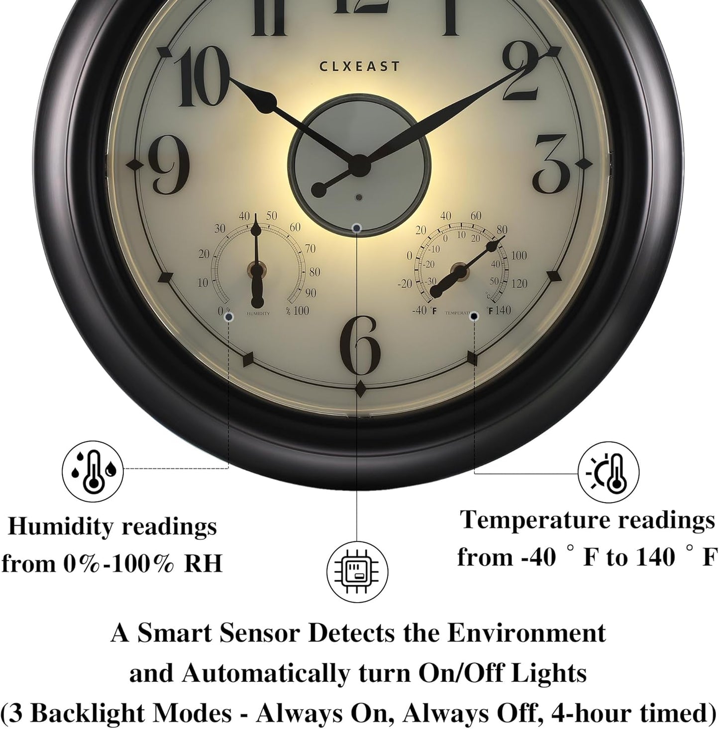 CLXEAST Illuminated Indoor Outdoor Clocks Waterproof 18 inch with Smart Night Light Sensor,Large Wall Clock with Thermometer & Hygrometer,Oil Rubbed Bronze Black,House Warming Gifts New Home