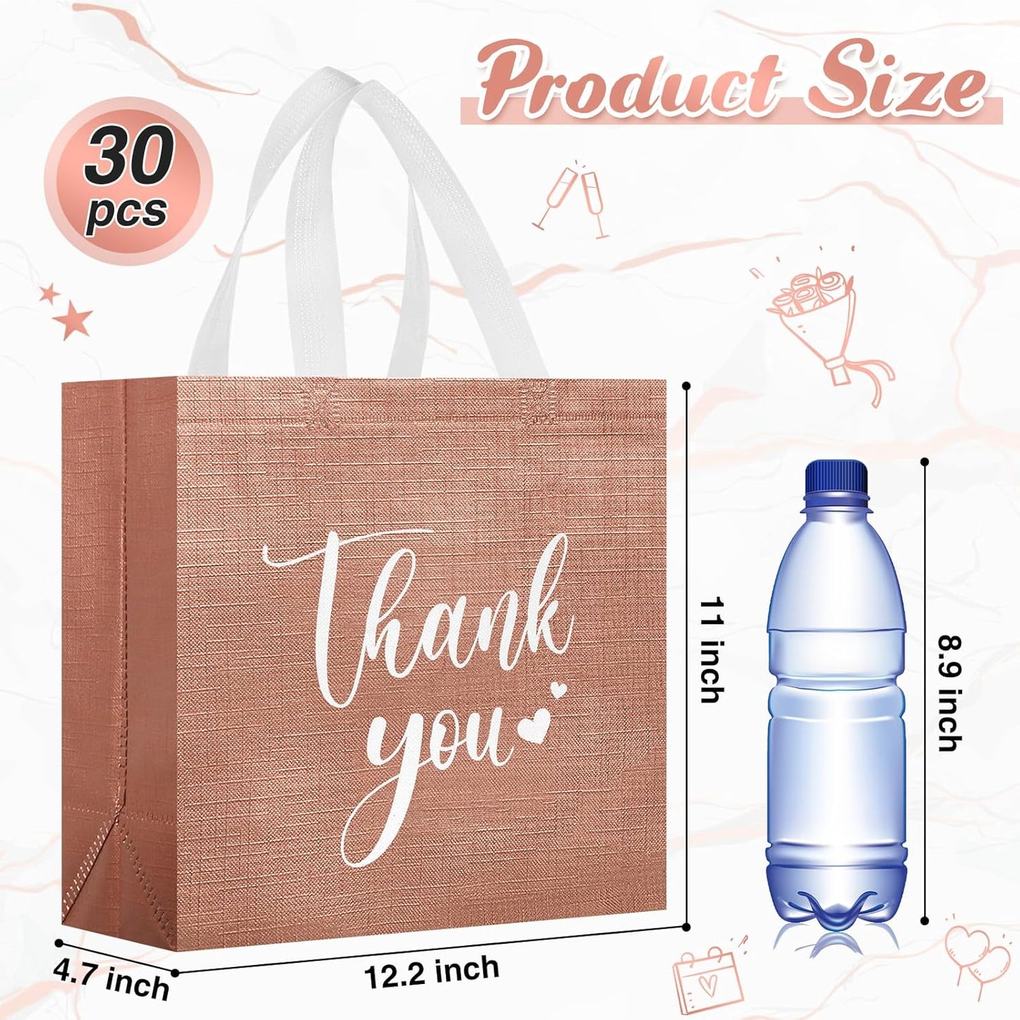 Sweetude 30 Pcs Thank You Gift Bags with Handles Bulk Reusable Goodie Bag Non Woven Foldable Handbag for Graduation Wedding Bridesmaid Gifts(11 x 12 x 5 Inch,Rose Gold)