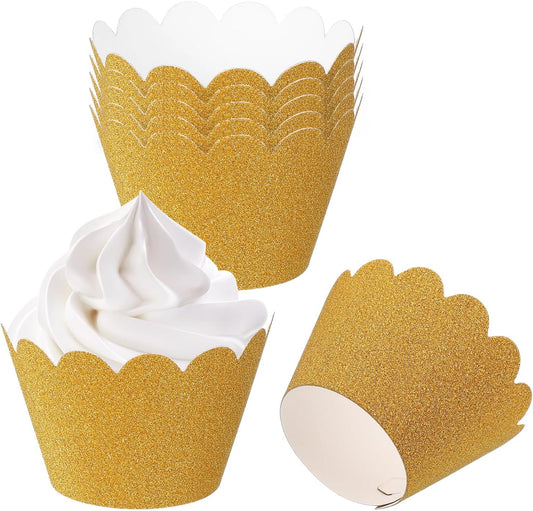 PATIKIL Cupcake Wrappers Paper, 50 Pack Baking Cups Standard Wave Decoration for Anniversary Birthday Weddings and Parties, Light Gold