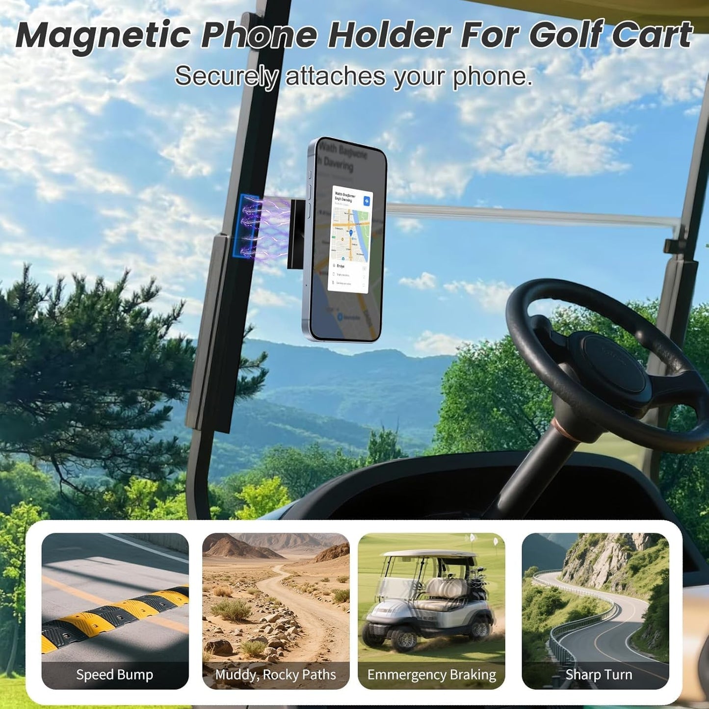Magnetic Golf Cart Phone Holder Work with Magsafe iPhone 16-12 Series and All Phones, Fits Yamaha, EZGO, Club Car Golf Cart, Alloy Strong Magnetic Phone Mount for Gym, Kitchen, with Metal Ring
