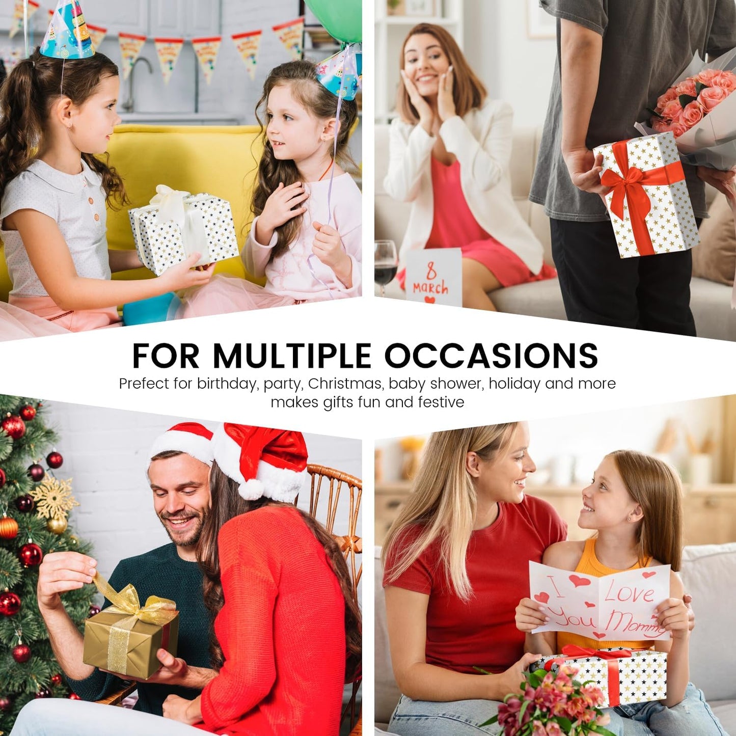 HimBen Gift Wrapping Paper 12 Sheets, Folded Flat Gift Wrap Paper for Presents, Kids, Boy and Girl, 20 x 29” Per Sheet - Gold Black Stars