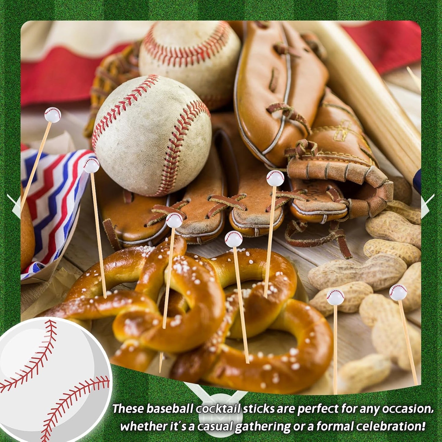 100Pcs Baseball Cocktail Picks 4.7 Inch Decorative Sports Ball End Toothpicks for Appetizers Bamboo Cocktail Sticks Skewers for Drinks, Fruits, Desserts, Charcuterie(Baseball)