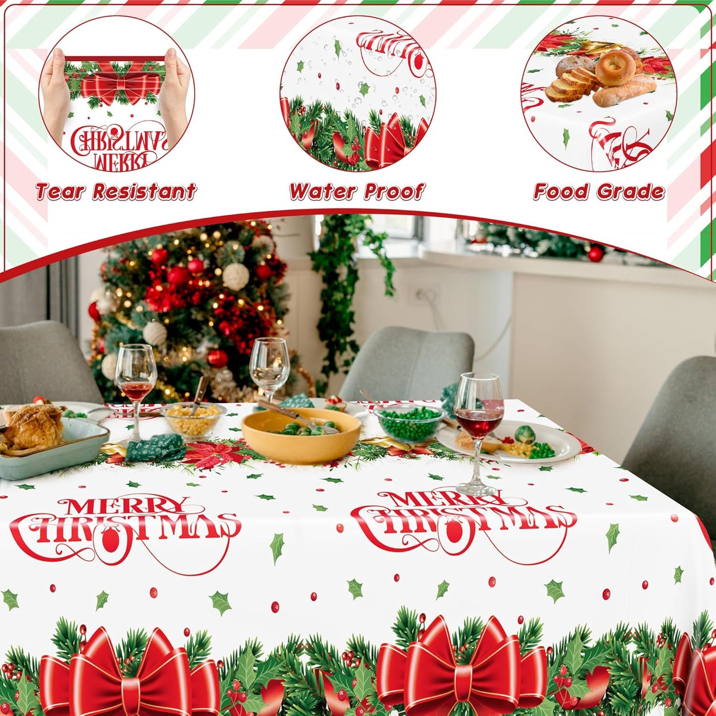 QZYL 4 Pack Christmas Table Cloths, 54" x 108" Xmas Decorations, Poinsettia Bow Design Christmas Plastic Tablecloth Holiday Disposable Tablecover, Holiday Party Decor Xmas Table Decor