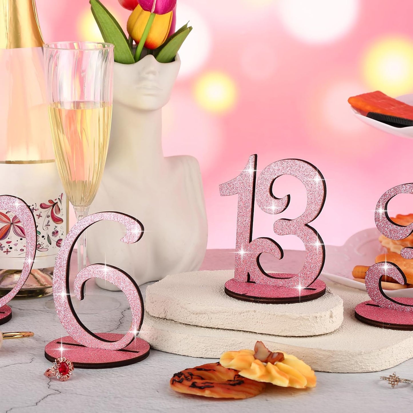 Glitter Table Numbers 1-25 Wooden Table Numbers for Wedding Reception Standing Seat Place Cards with Holder Base for Wedding Party Event Catering Receptions Banquets(Rose Gold)