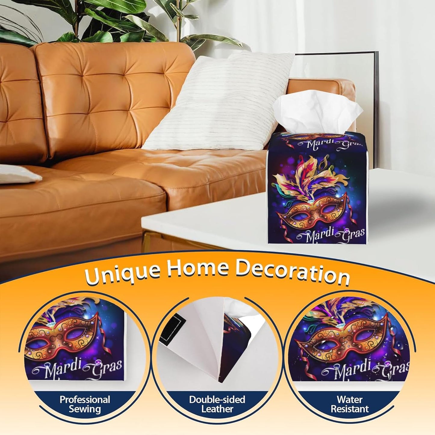 Tissue Box Cover Square,Mardi Gras Mask Tissue Box Holder Waterproof Leather Facial Paper Case Modern Home Decoration for Bedroom Dresser Night Stand Office Desk