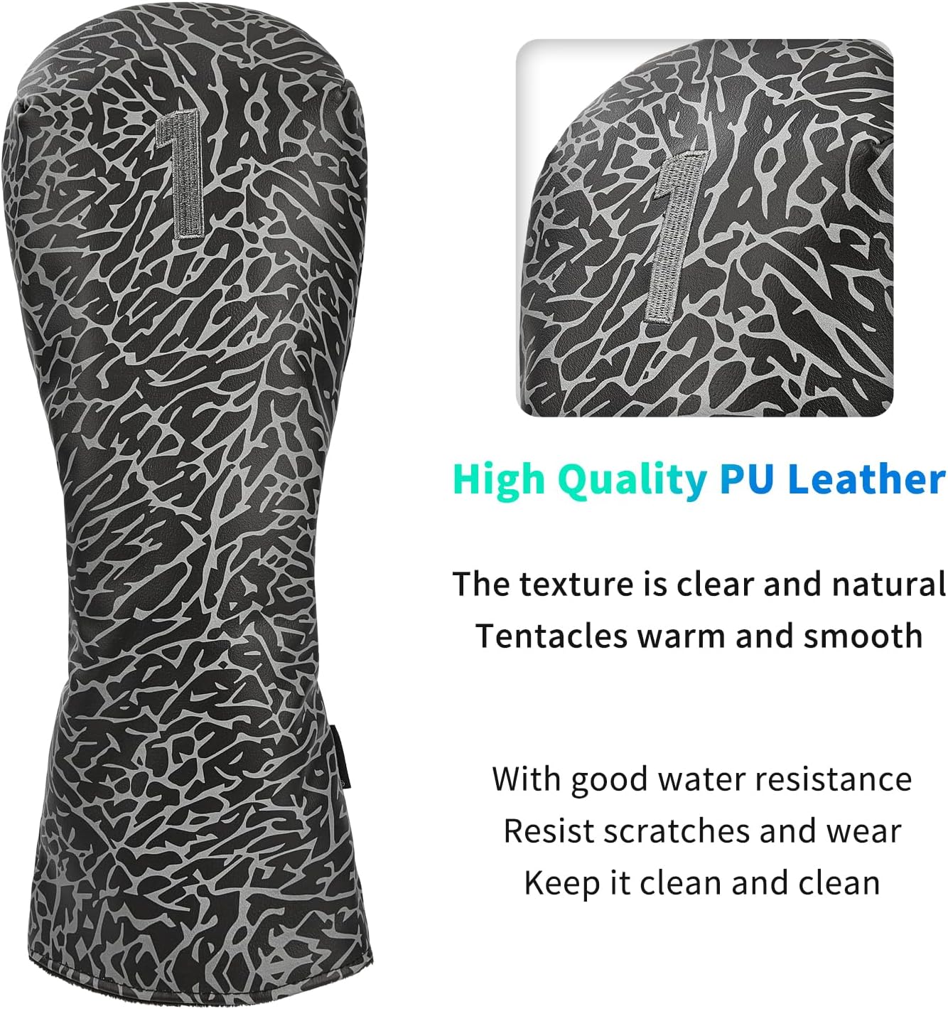 Golf Driver Head Covers 3-Pack for Men & Women - Premium PU Leather with Elephant Embroidery, Double Elastic Band (Driver/Fairway/Hybrid), Waterproof & Durable - White Grey or Black Grey