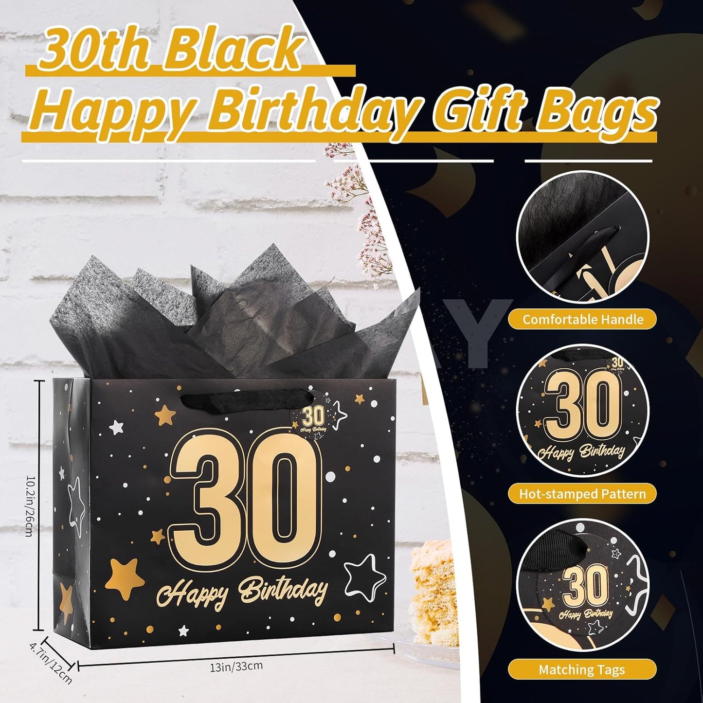 Powbrace 13" Black Happy Birthday Gift Bag with Tissue Paper and Greeting Card for Party,Happy Birthday Gift Bag for Men Women,Gift Bags Medium size(1 Black 30th)