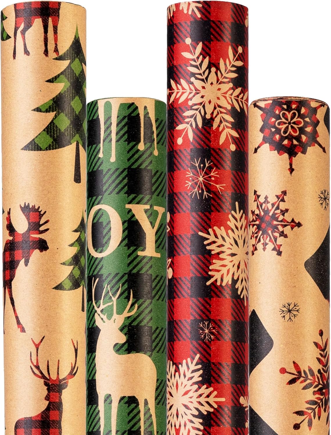 Christmas Wrapping Paper (4 Rolls: 93 sq. ft. ttl) - Red/Green and Black Plaid Grid Patterns, Stockings Snowflakes Pine Tree and Reindeer - Holiday Kraft Gift Paper 17 inches x 16.5 feet Per Roll