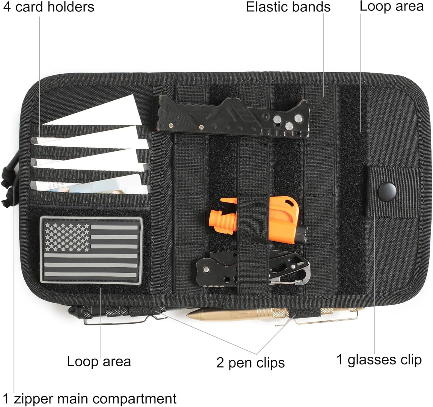 Heavy Duty Molle Car Sun Visor Organizer - Tactical Car Accessories with Zipper Visor Storage Pouch,Glasses Clip and Card Sleeve Pocket, Multi-Pocket Visor Organizer Storage Pouch for Cars SUVs Trucks