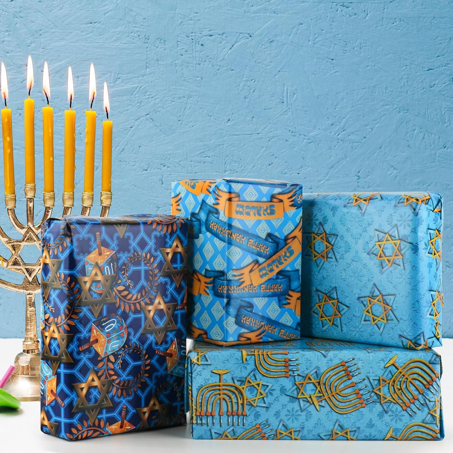 Dtiafu Hanukkah Wrapping Paper - 12 Sheet 6 Style Blue Chanukah Wrapping Paper - Happy Hanukkah - 20 x 28 Inch Per Sheet