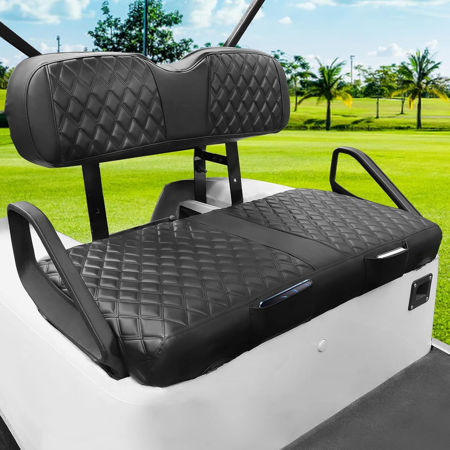EZGO TXT Seat Cover, Golf Cart Front Seat Covers Set Fit for EZGO TXT 1994-2013 OEM Ordinary Seat Cushion, Thick Vinyl Leather Comfortable/Breathable, No Need Any Tools or Detaching Armrests
