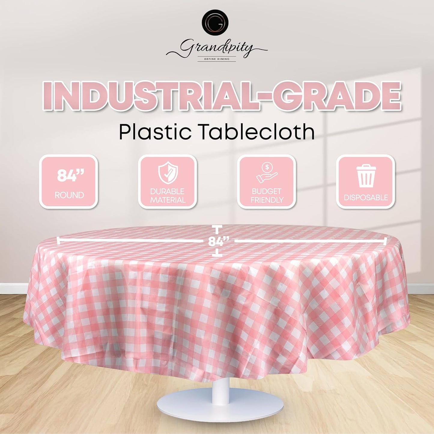 Grandipity 12 Pack Premium Disposable Plastic Tablecloth 84" Inch Decorative Round Table Cover - Pink Checkered Gingham