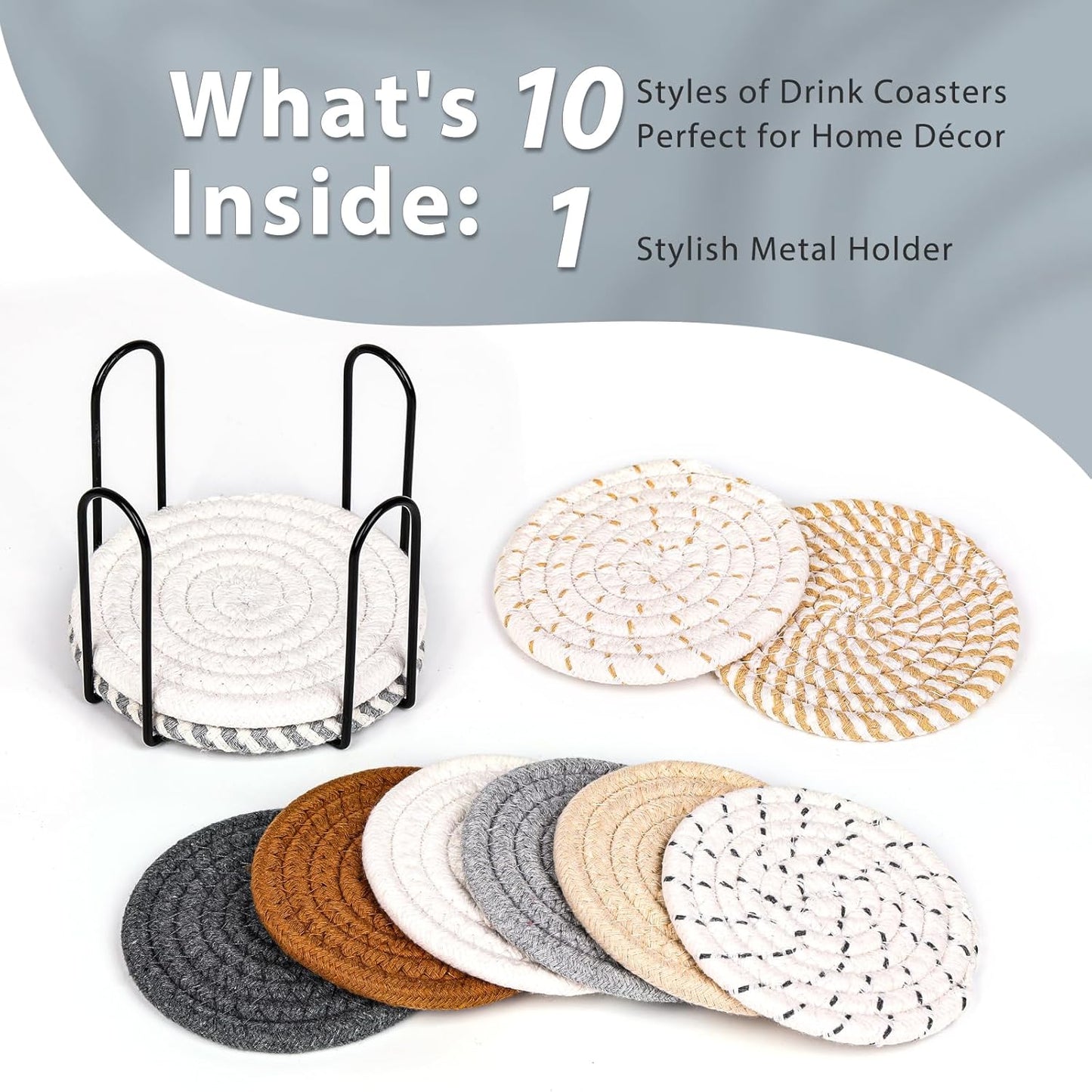 Mckanti 10 Style Drink Coasters with Holder, Absorbent Coasters for Coffee Table, Minimalist Cotton Woven Coaster Set for Home Decor Tabletop Protection Suitable for Kinds of Cups, 4.3 Inches.