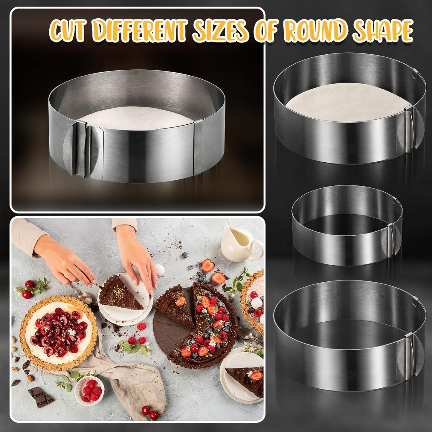 Amylove 6-12 Inch Round Cookie Cutter Adjustable Circle Cookie Cutter Stainless Steel Round Cake Trimmer for Baking Kit Mousse Layered Cake Biscuit Food Tiramisu Pastry