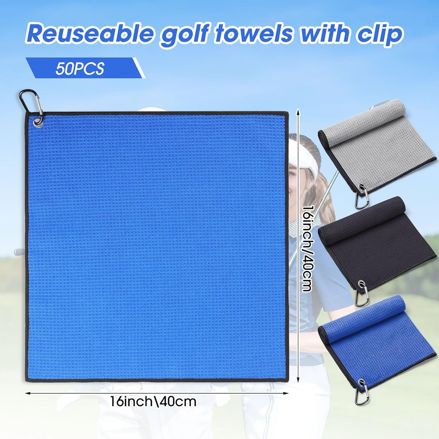 Batiyeer Golf Towels Bulk for Bags 16'' x 16'' Microfiber Waffle Pattern Golf Towel with Clipfor Mini Tournament, Club, Yoga, Fitness