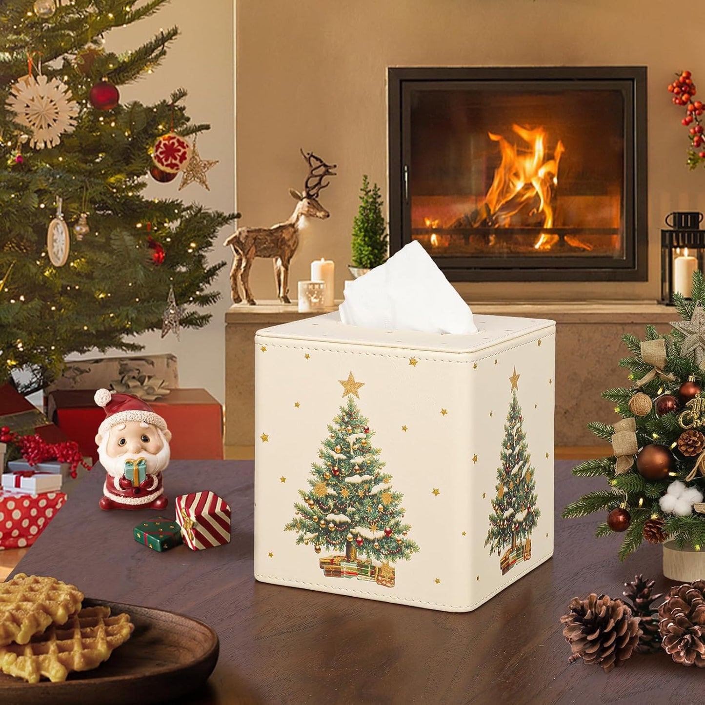 Christmas Tissue Box Cover Square, PU Leather Tissue Box Holder with Magnetic Closure for Bathroom Livingroom Bedroom, Christmas Decorations Cube Tissue Holder (Christmas Tree)
