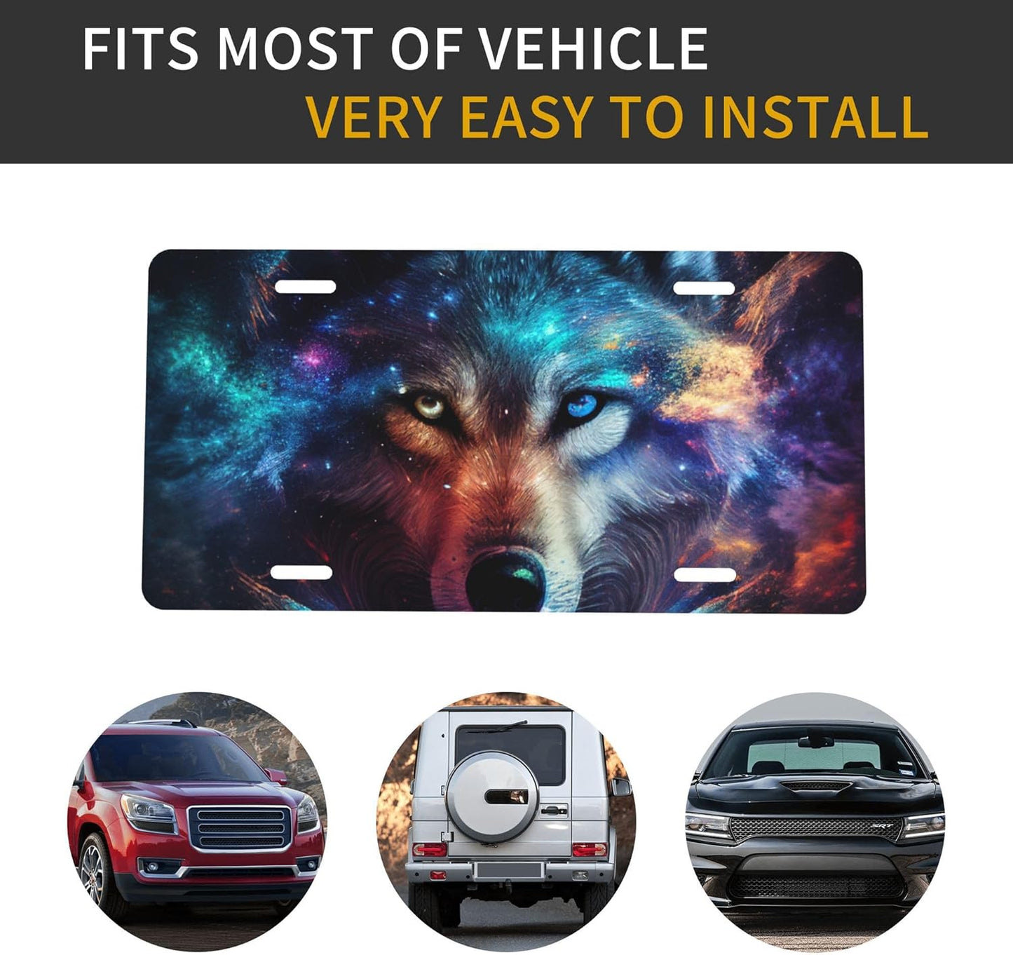 Front License Plate for Car Designs Galaxy Animal Wolf Stainless License Plate Cover Holder for Men Women Metal Aluminum Decorative Accessory Vanity Tag Standard 6 X 12 Inch (4 Holes)