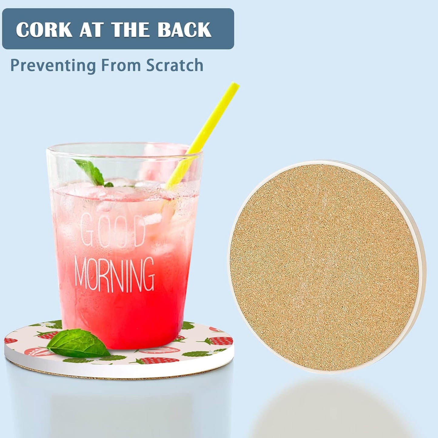 Coasters for Drinks,Strawberry Fruit Strawberries Pink Absorbent Coaster Set of 4 with Cork Base,Ceramic Drink Coasters for Cold Drinks Wine Glasses Cups Mugs,Housewarming Gifts for Home Decor