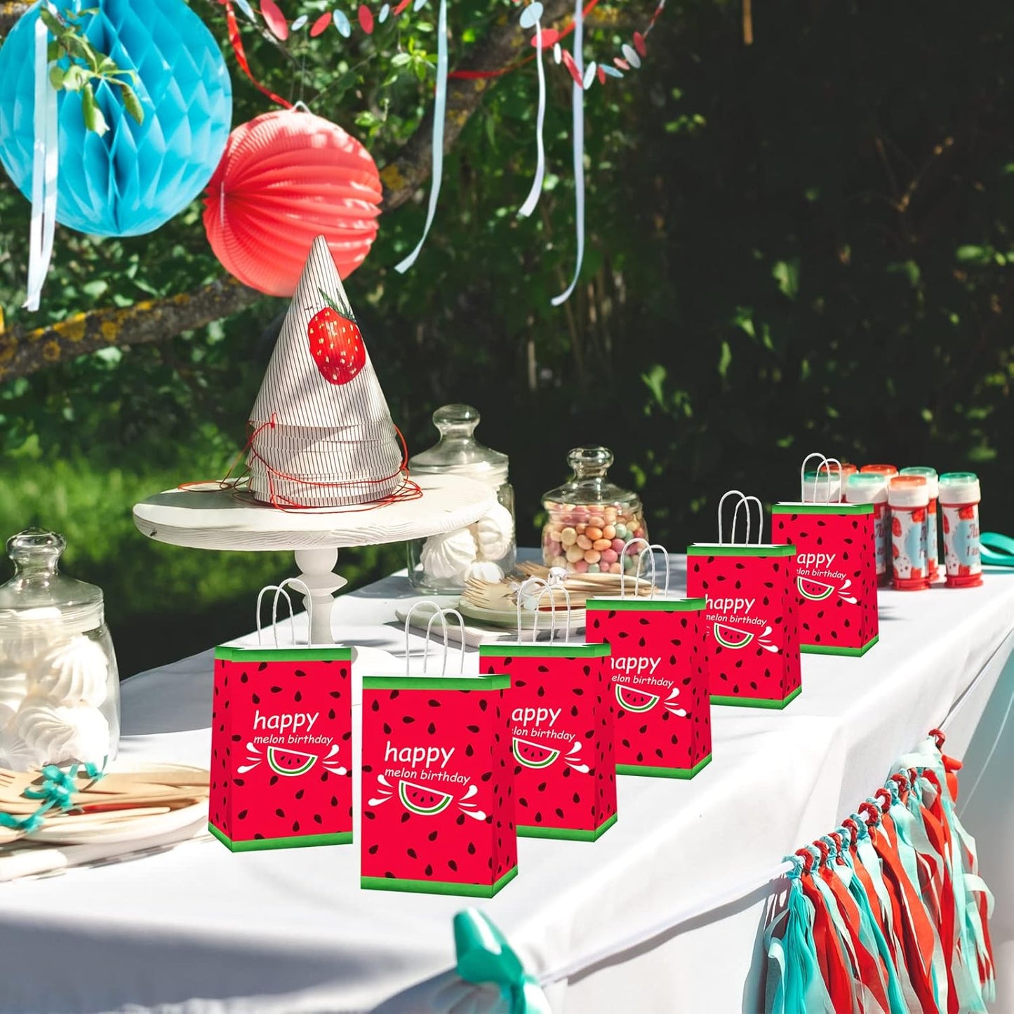 gisgfim 12 Pieces Watermelon Theme Party Bags - Summer Birthday Party Goody Treat Paper Bags - Fruit Theme For Kids Boys Teens Adults