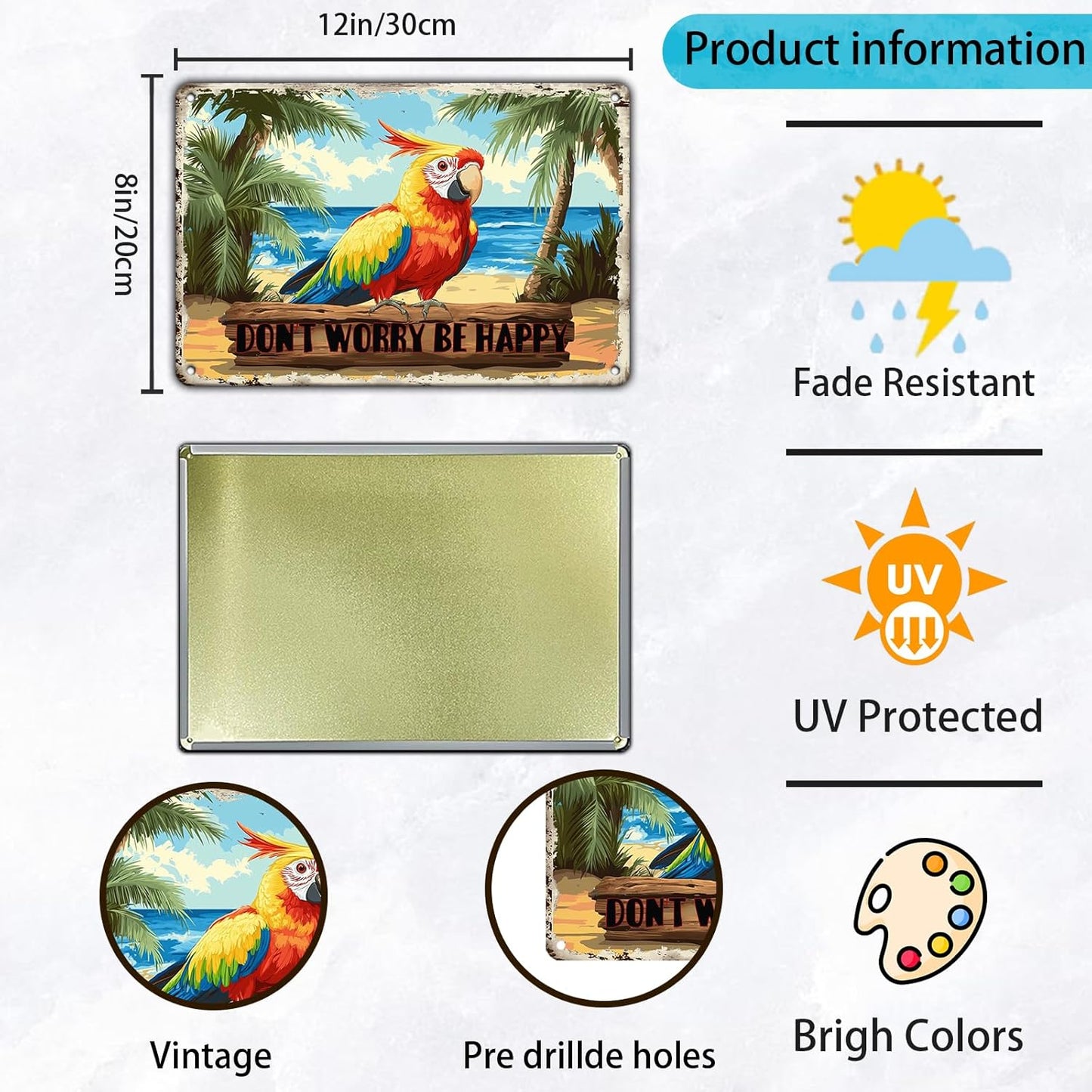 Creative Vintage Tin Metal Sign Don'T Worry Be Happy The Beach Parrot Iron Sign For Friend Porch Backyard Bar Outdoor Patio 12x8 Inch