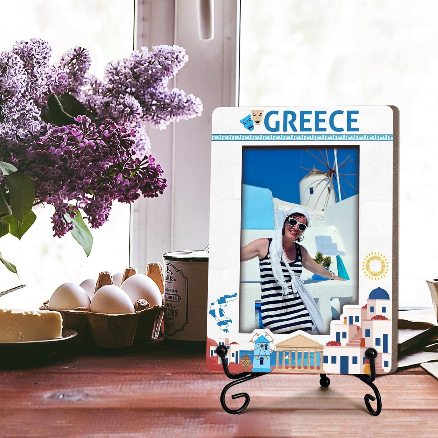 Greece Travel Picture Frame, 5 x 8 Greece Themed Wooden Photo Frame with Stand, Vacation Anniversary Honeymoon Gifts For Friend Family Couples, Home Office Desk Decorations-A21