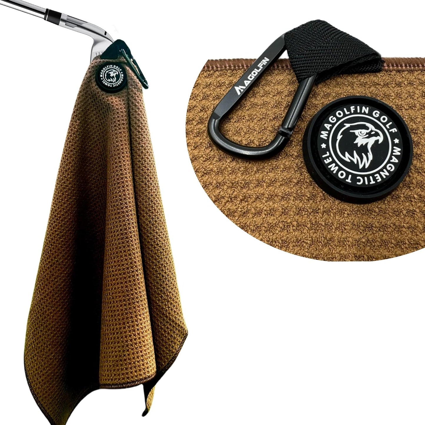 Magnetic Golf Towel with Clip, Microfiber Waffle Design - Industrial Strength Magnet for Strong Hold to Golf Bags, Carts & Clubs - Brown