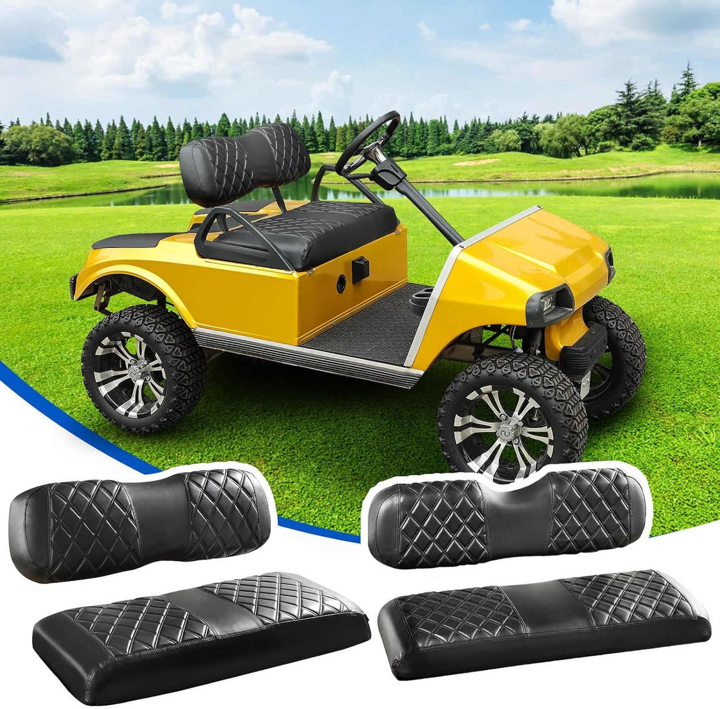 NOKINS 4PCS Golf Cart Diamond Seat Covers Kit, Front and Rear Seat Covers Fits Club Car DS 2000.5-Up Standard Seat Cushion, Club Car DS Vinyl Seat Covers Accessories(Black&Black Stitching)