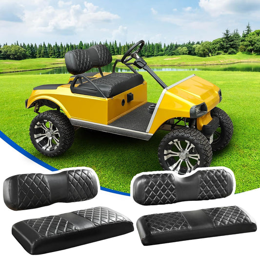 NOKINS 4PCS Golf Cart Diamond Seat Covers Kit, Front and Rear Seat Covers Fits Club Car DS 2000.5-Up Standard Seat Cushion, Club Car DS Vinyl Seat Covers Accessories(Black&Black Stitching)