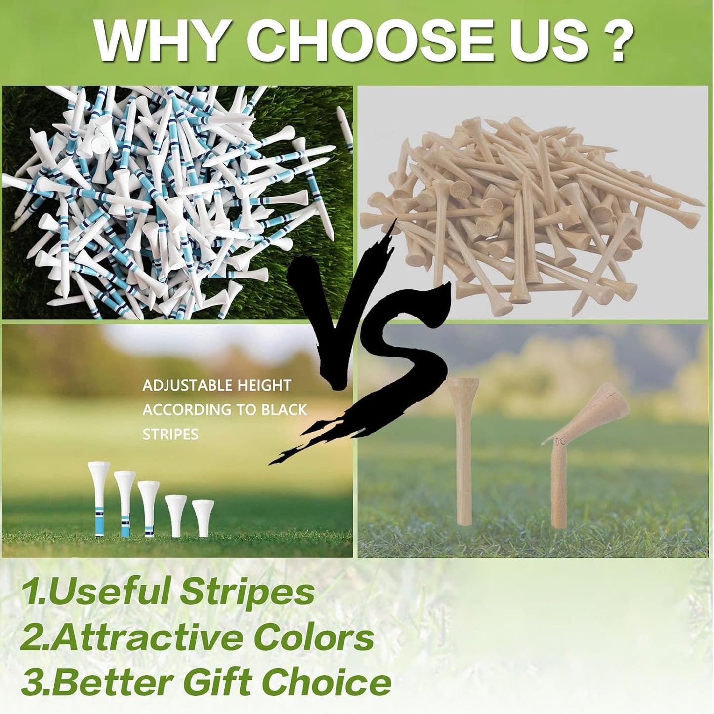 FINGER TEN Golf Tees Wood 3 1/4 2 3/4 Inch Wooden Bamboo 50/120 Count, Durable Biodegradable Colored Bulk Tee 70mm 83mm