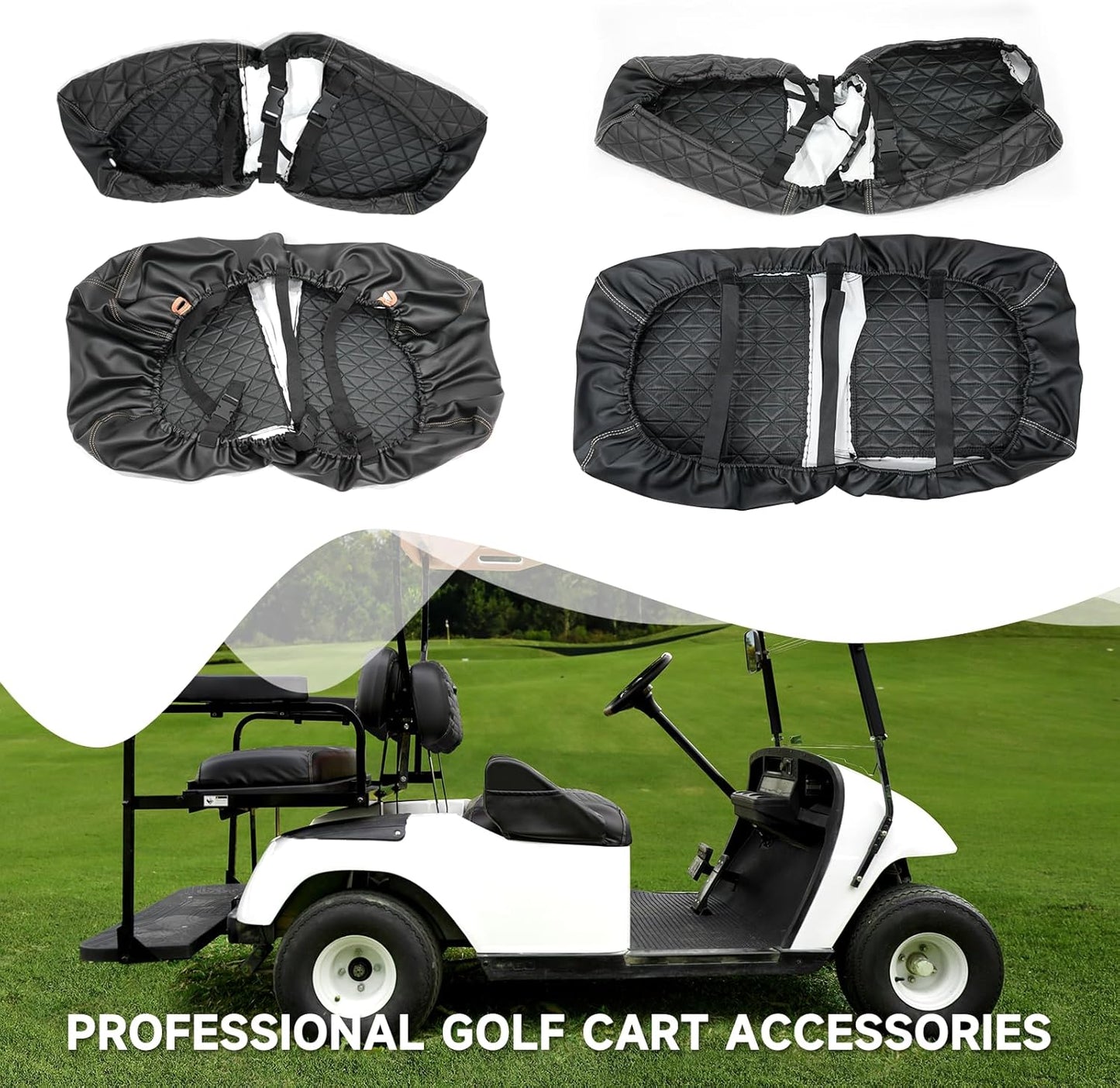 XUANYUDG0769 Golf Cart Front and Rear Seat Covers for EZGO TXT/RXV Club Car DS/Precedent Yamaha G29, Vinyl Leather Made/Adjustable Straps and Retractable Buckle/No Stapler Required,4PCS
