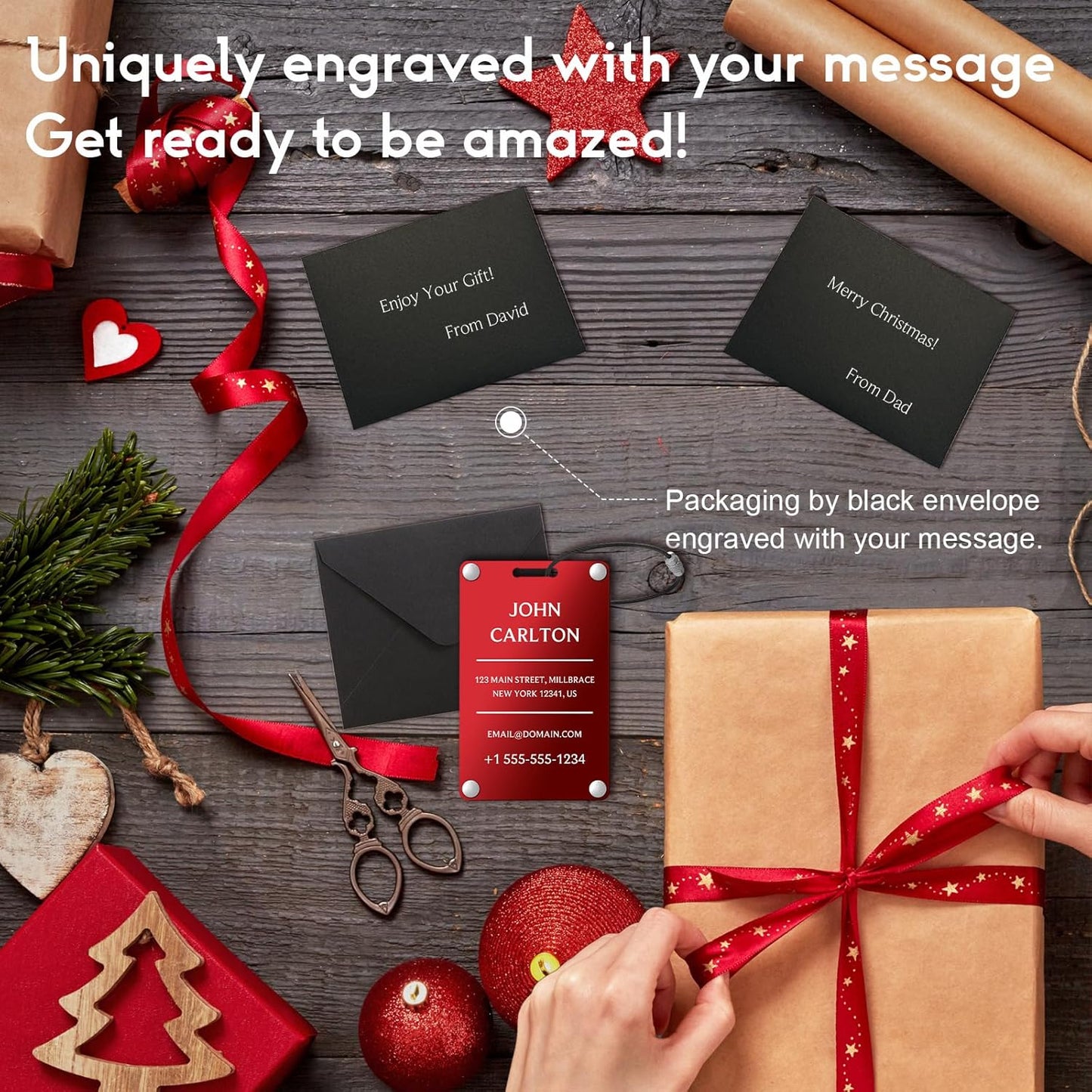 Personalized Luggage Tags for Suitcases - Aluminum Custom Luggage Tags for Backpacks & Bags, Sturdy, Waterproof & Heavy Duty (Red/Card-Sized) (SleekBarRed)