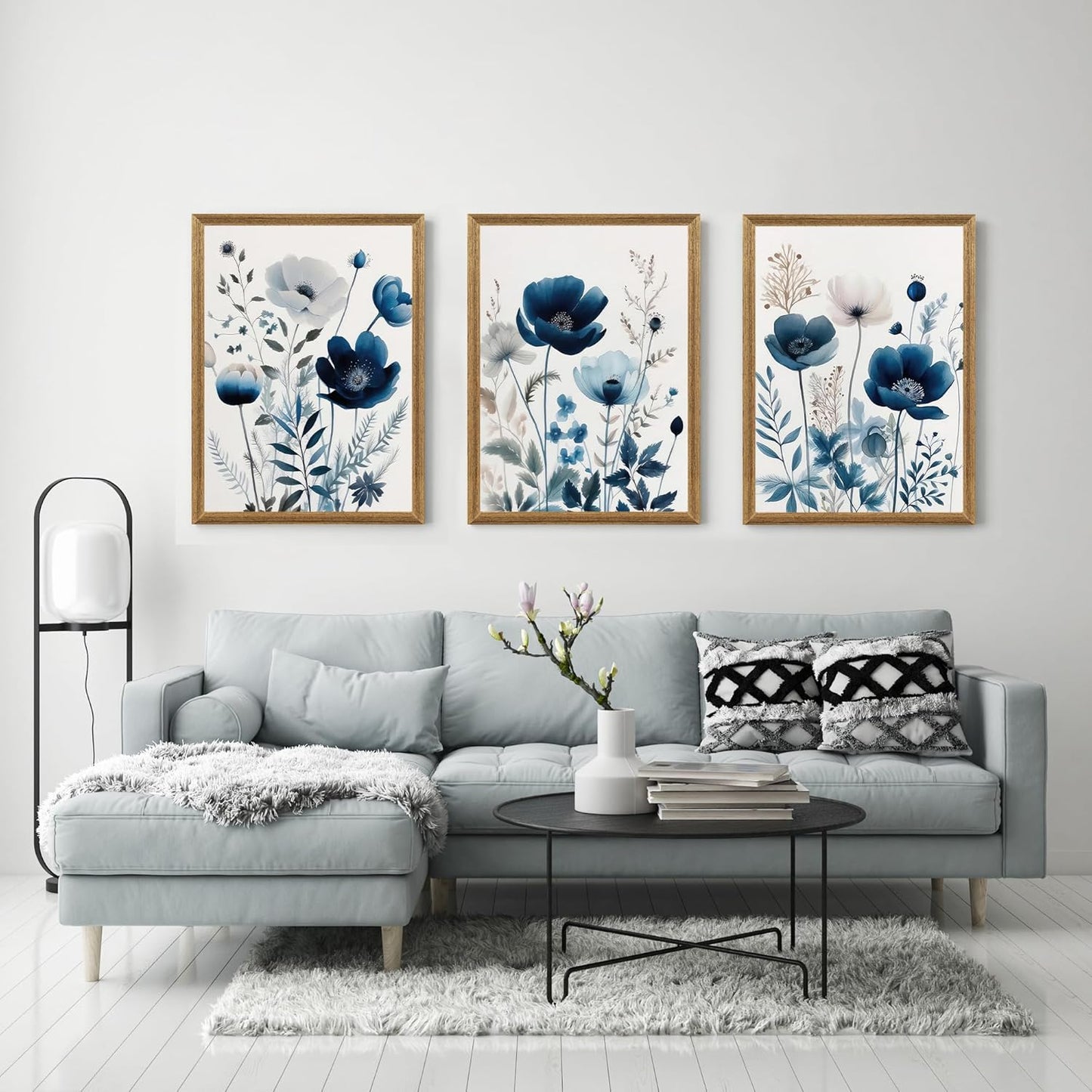 DUWQU 3 Pcs Blue Floral Canvas Wall Art, Wood Framed Navy Blue Wildflower Lily Daisy Art Wall Decor, Watercolor Botanical Flower Home Poster Art Prints for Living Room Bedroom Bathroom 16×24 Inches