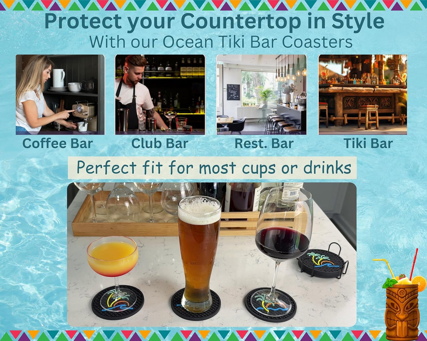 Tiki Bar Ocean Beach Coasters Set of 6 with Holder, Tiki Bar Decor Silicone Nautical Coasters, Hawaiian and Luau Decorations, Beach Theme Coastal Decor, Tropical Chill and Surf Waves Styles