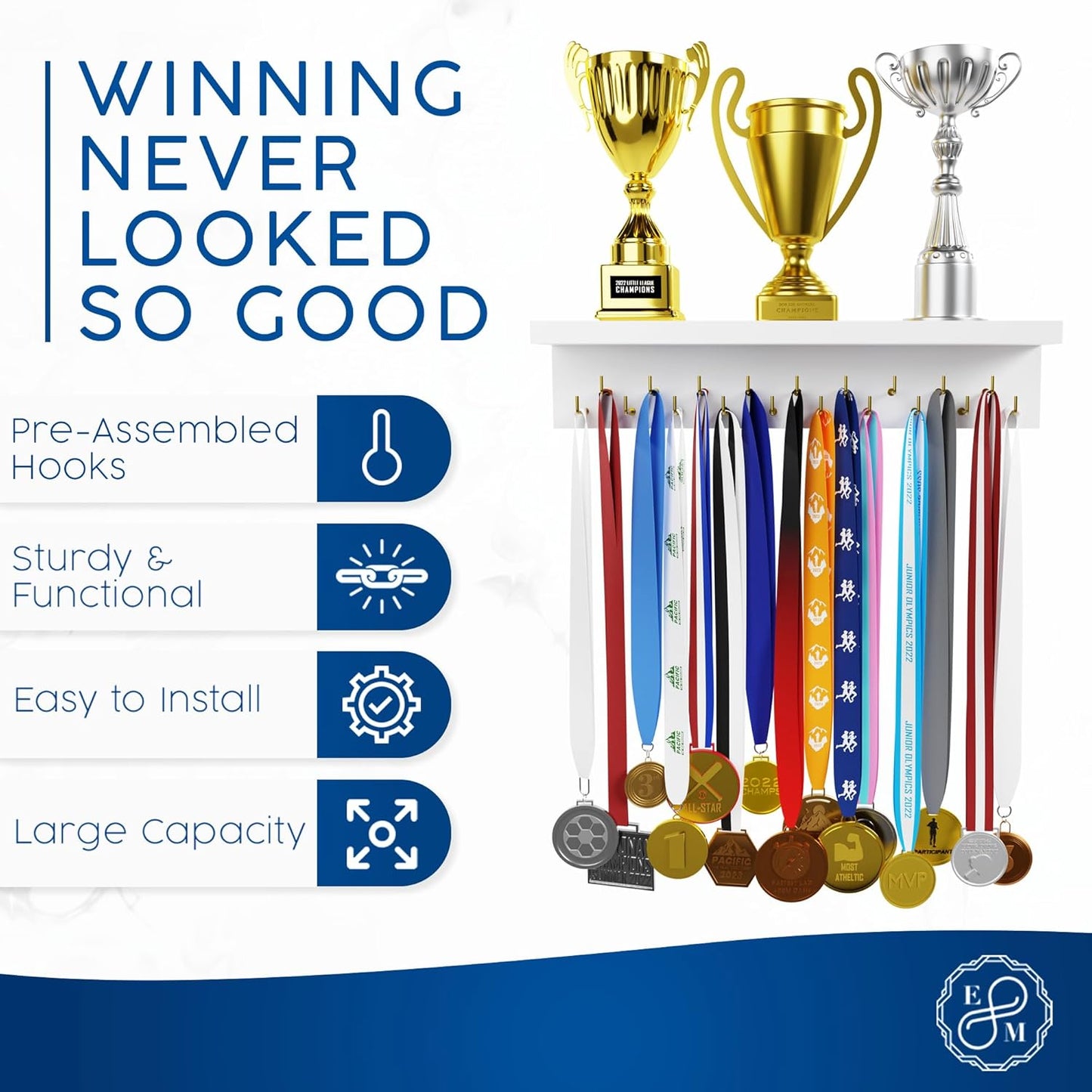 EVERMORE Medal Hanger Display and Trophy Shelf with Hooks - Wooden Medal Holder for Wall Mount Ribbon Display, Trophy Display Shelf for Gymnastics, Soccer, Running Race Medals Awards Rack