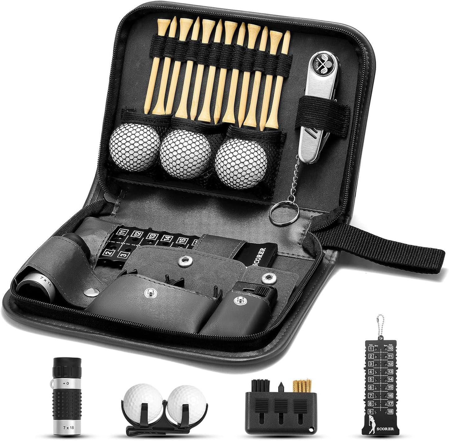 Golf Accessories for Men and Women for Golfers, Accessories Set in Hi-End PU Case with Golf Balls, HD Rangefinder, Golf Tees, Cleaning Brush, Divot Knife, Scorer, Golf Ball Clamp