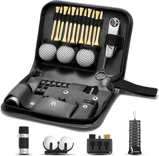 Golf Accessories for Men and Women for Golfers, Accessories Set in Hi-End PU Case with Golf Balls, HD Rangefinder, Golf Tees, Cleaning Brush, Divot Knife, Scorer, Golf Ball Clamp