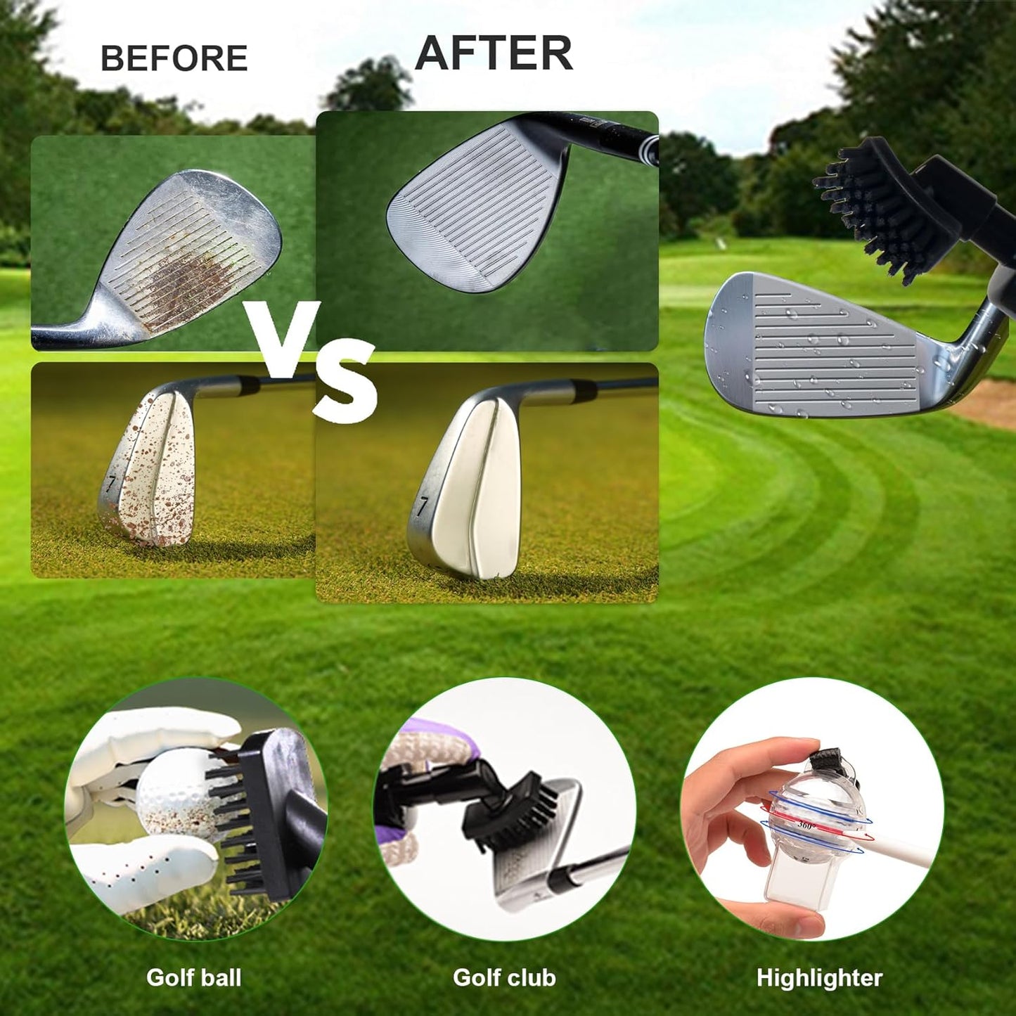 Golf Club Cleaner Brush with Golf Groove Sharpener Tool, Retainer Clip & Golf Ball Marker Liner, Hold 4oz of Water Perfect Golf Bag Accessories & Cool Golf Gifts for Men