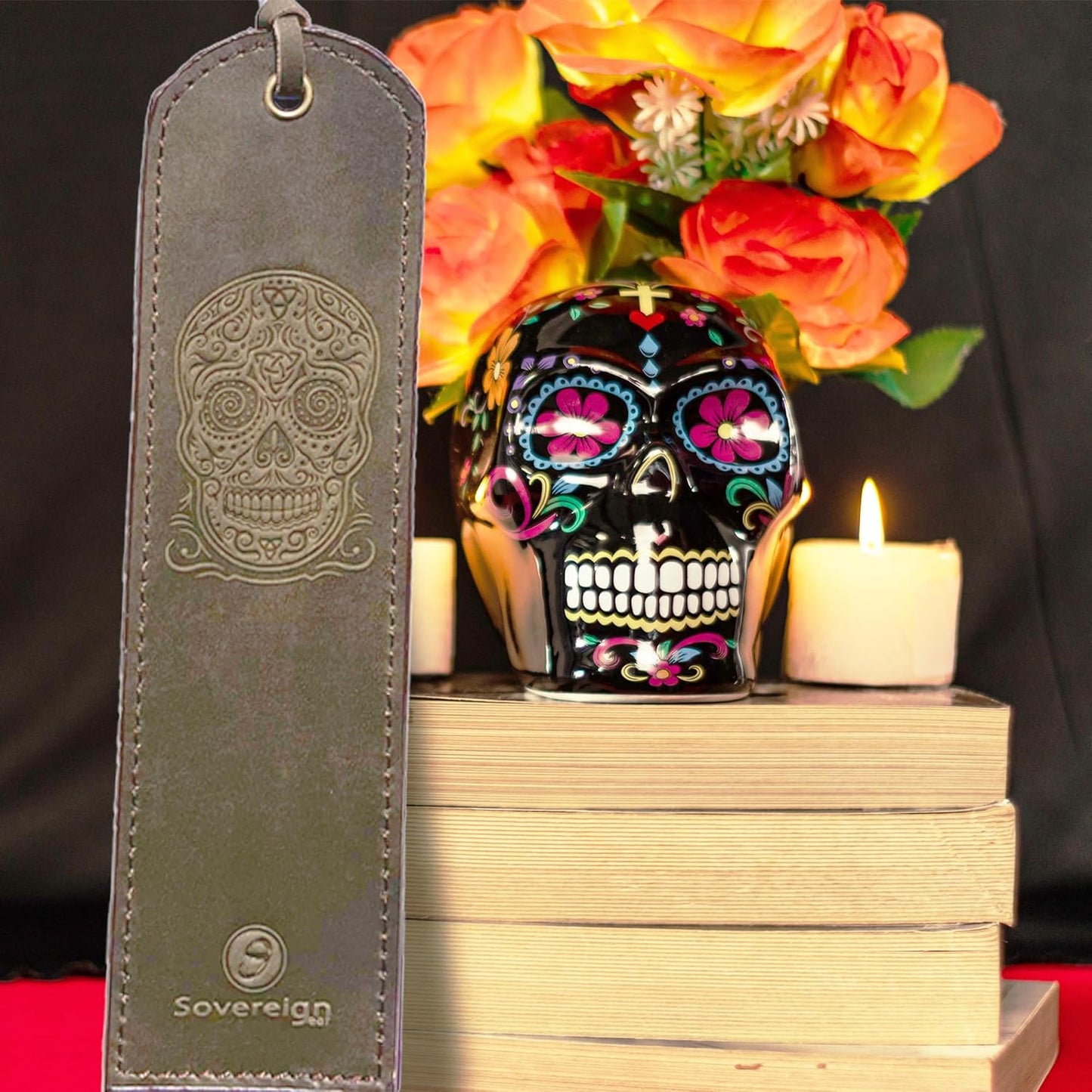 Leather Bookmark Handmade with Sugar Skull Heart Design - 2 Genuine Leather Book Marks for Reading - Unique Bookmarks for Men Women Girls | Gothic Book Lover Gifts for Bookworms Relatives and Friends