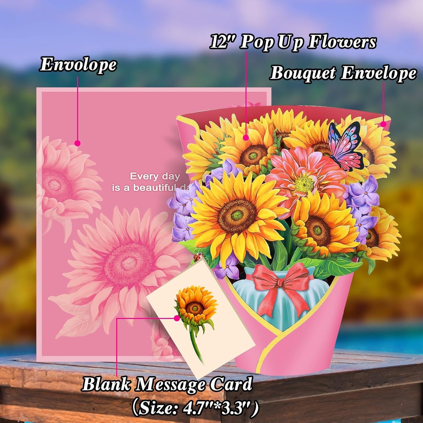 Airpark Pop Up Flower Card, 3D Greeting Card – Sunflower Bouquet – For Friend or Family – Cheer Up, Get Well, Birthday Surprise