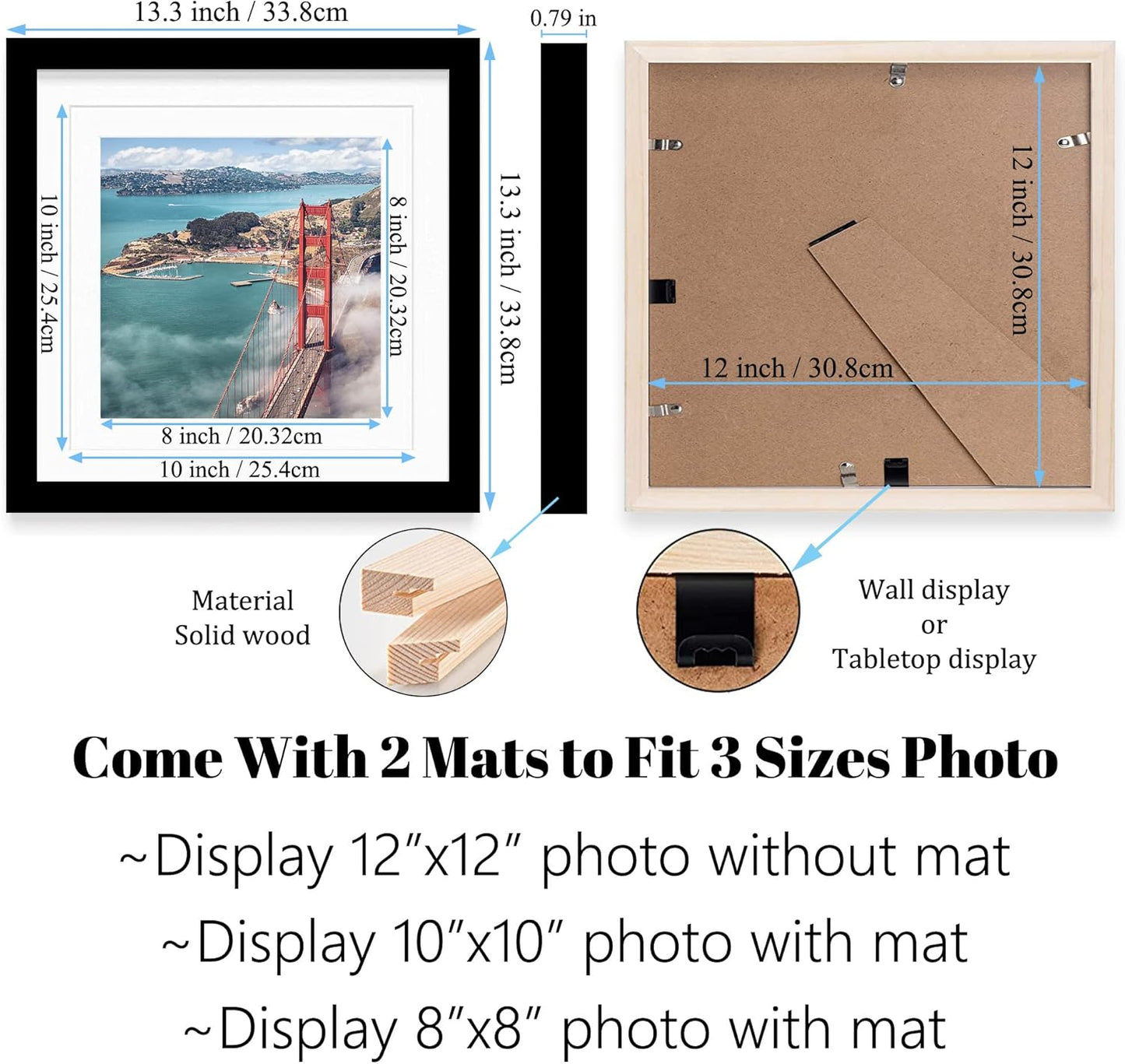 12x12 Wood Picture Frames for Wall Hanging or Tabletop,Diamond Painting Frame Baby Scan Picture Frames with 2 Mats Display 8x8 or 10x10 for Family Walls Decoration,Anniversary,Wedding,Christmas(Black)