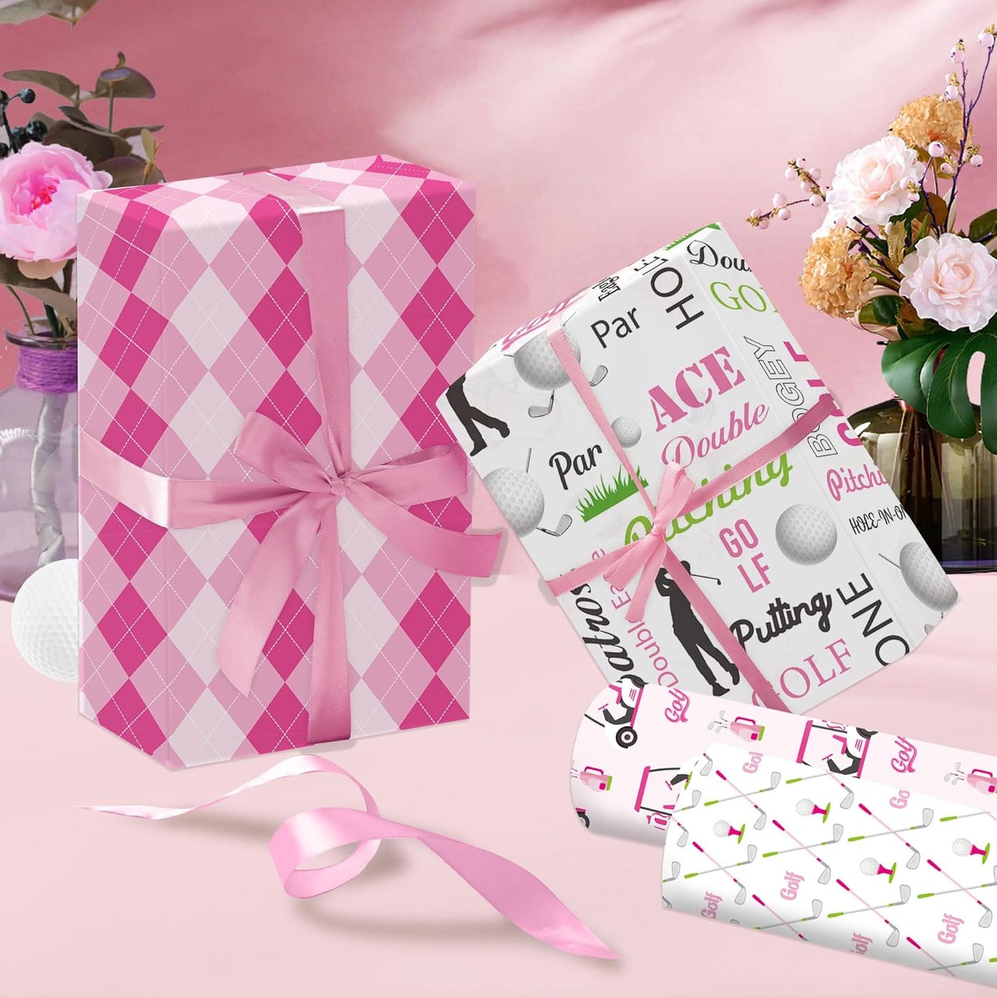 EoBeCy Pink Golf Wrapping Paper for Women Girls, 12 Sheets Folded Gift Wrap with Golf Carts, Clubs, Balls, and Argyle Prints, Sports Wrapping Paper for Birthday Retirement Bridal Shower, 20"×28"