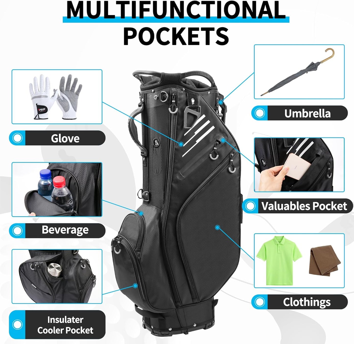 Golf Stand Bag 14 Way Full-Length Dividers with Stand, Lightweight Waterproof Golf Bag, 8 Pockets, Cooler Pouch,Golf Club Bag for Men, Dual Strap, Rain Hood, Black
