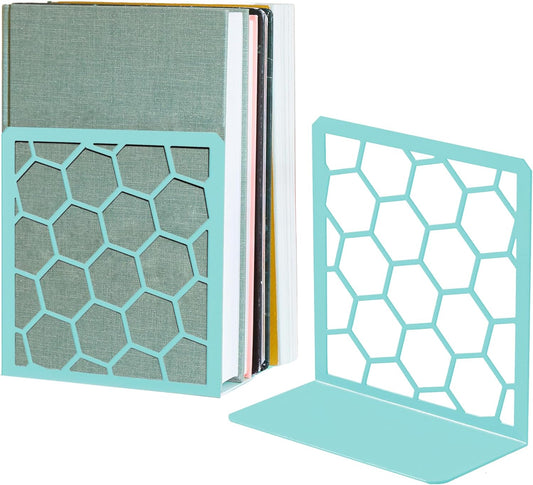 GEOMOD Geometric Honeycomb Turquoise Metal Bookends Decorative - Tall Sturdy Book Ends for Shelves - Modern Heavy Duty Bookend Stopper - Office Shelf Book Holder - 6x3.25x6.25 Inches - 1 Pair