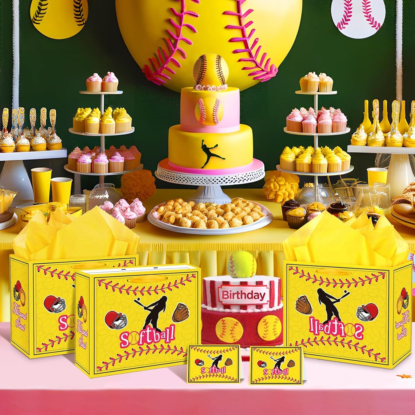 Softball Party Gift Bag Large Softball Gift Wrapping Bag with Tissue Paper Greeting Card Decorations for Sport Party Favor Softball Birthday Goodie Gifts Treat Wrap Bags for Girls Women Team Supplies