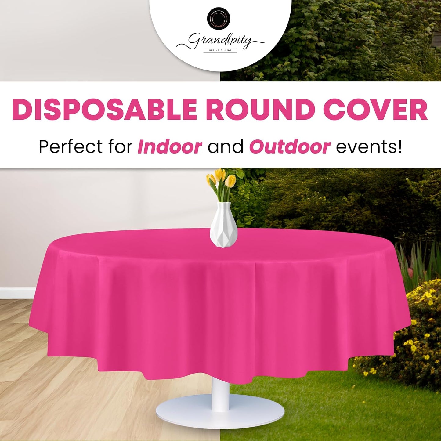 Grandipity 12 Pack Premium Disposable Plastic Tablecloth 84" Inch Decorative Round Table Cover - Hot Pink