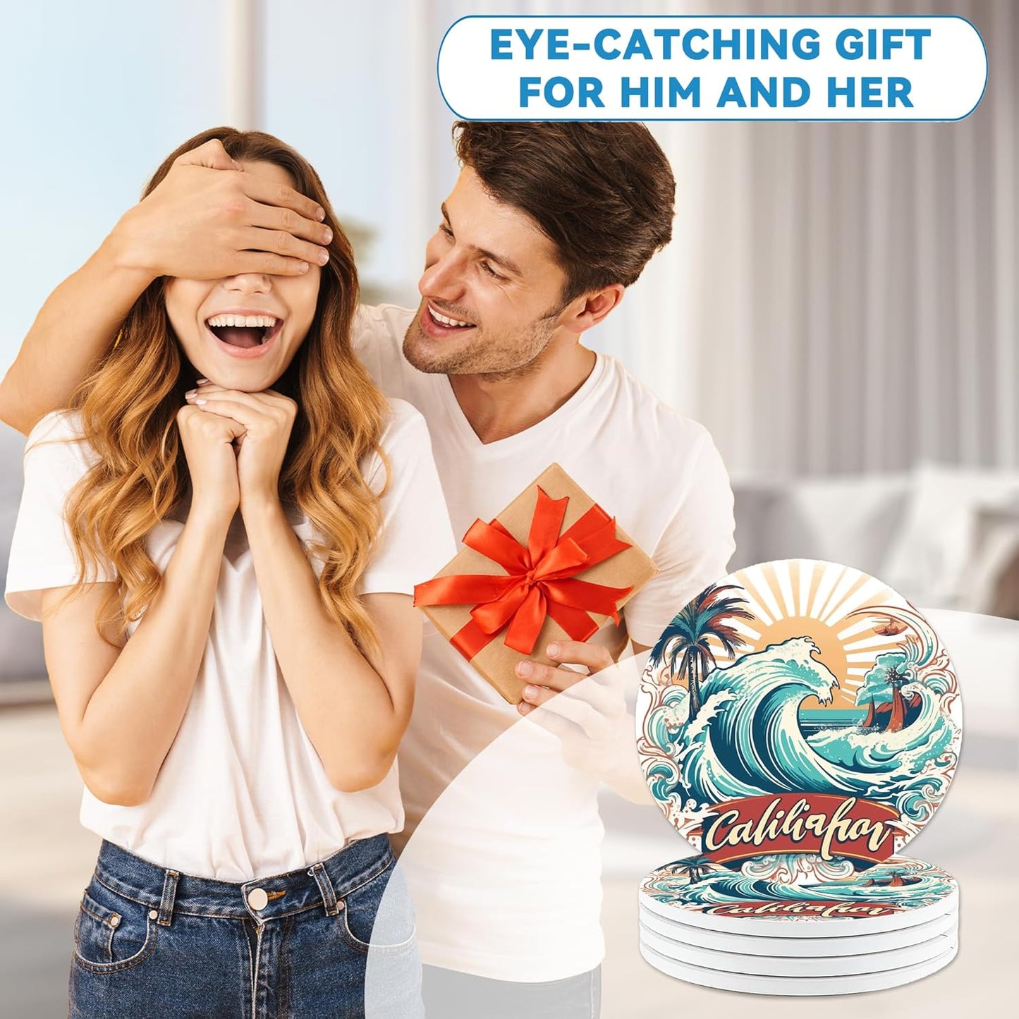 Drinks Coasters Set of 4, California Beach Round 4" Cup Coasters, Absorbent Ceramic Stone Coasters with Cork Base, Cute Coasters for Table Home Décor, Ideal Gifts for Women Men